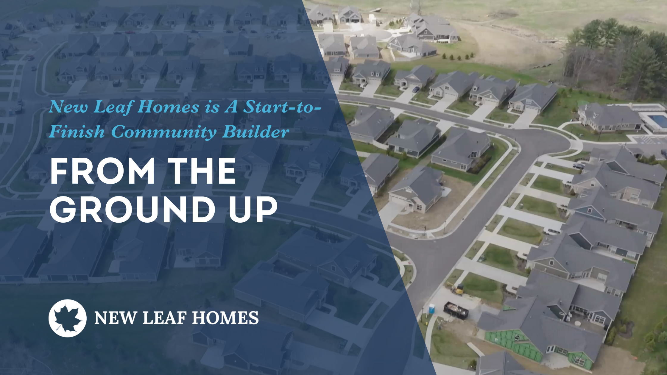 Aerial drone view of a New Leaf Homes community showcasing thoughtfully planned streets, homes, and green space.