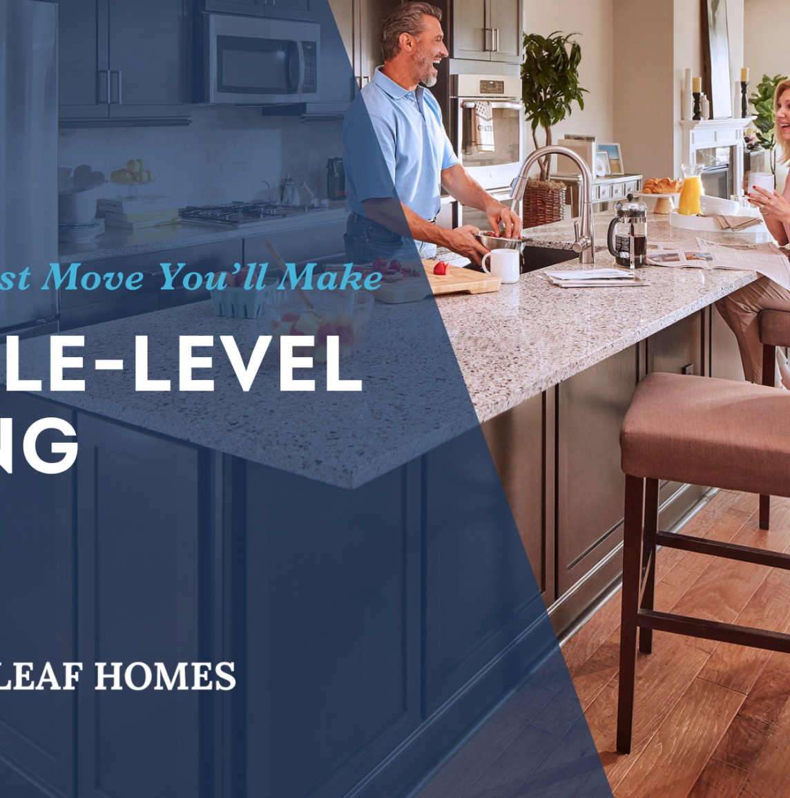 Homeowners enjoying a spacious open-concept living space with natural light and zero-step entry, showcasing single-level living with built-in storage.