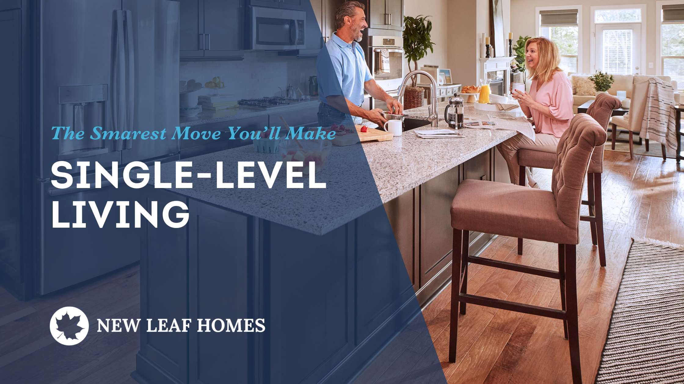 Homeowners enjoying a spacious open-concept living space with natural light and zero-step entry, showcasing single-level living with built-in storage.