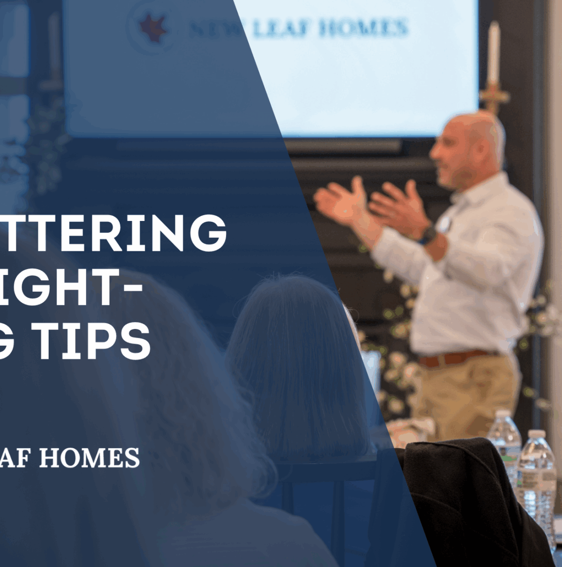 Speaker presenting decluttering and rightsizing tips at a New Leaf Homes event