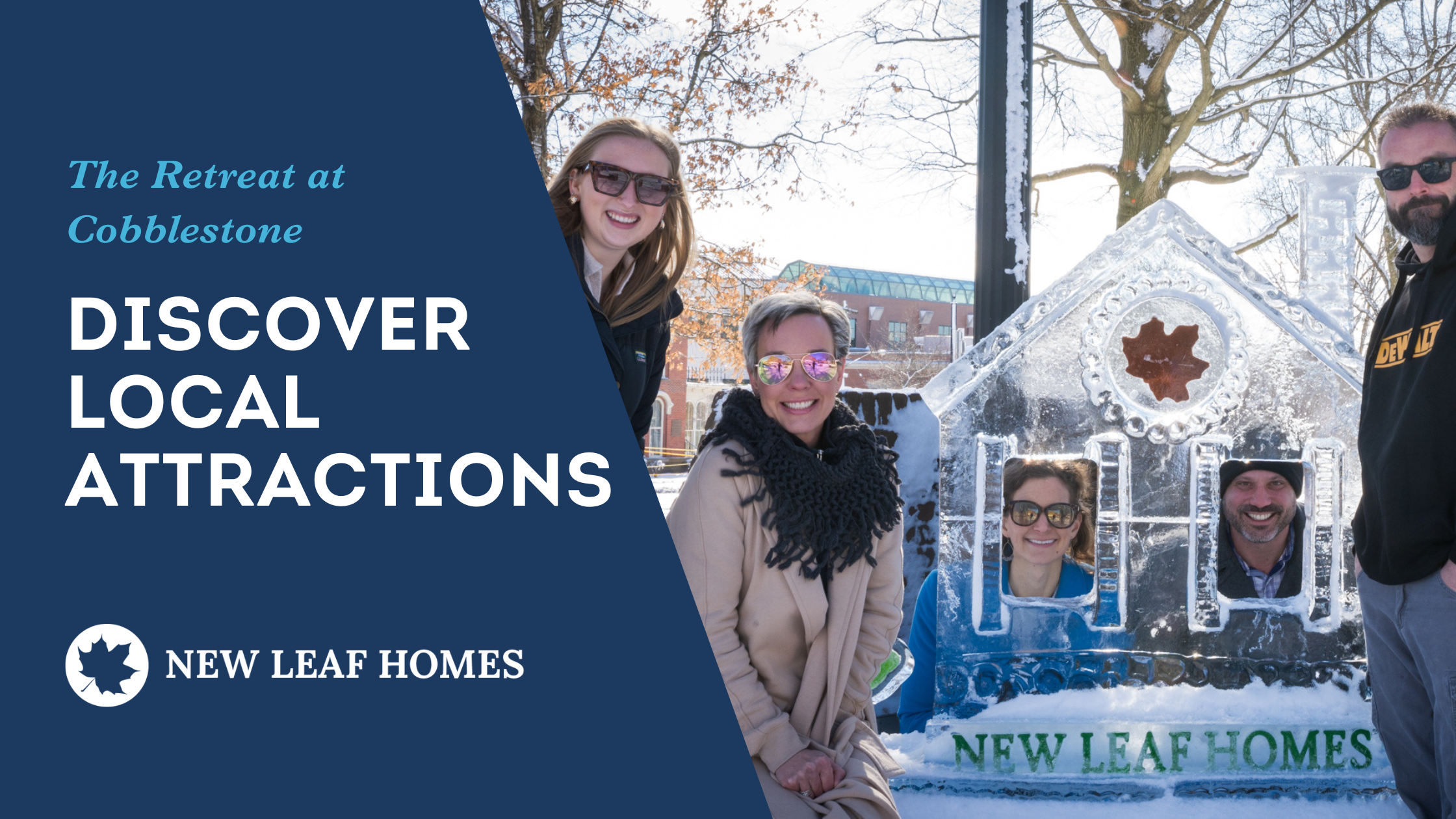 New Leaf Homes team poses at Medina Ice Festival behind an ice sculpture shaped like a house with the company logo.