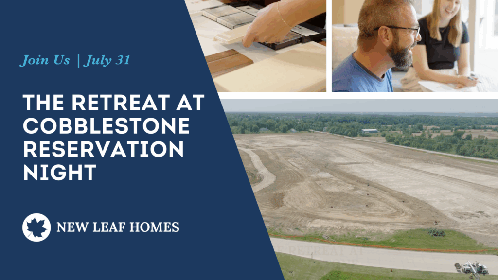 Drone view of The Retreat at Cobblestone development with homebuyers smiling and selecting finishes for their new homes.