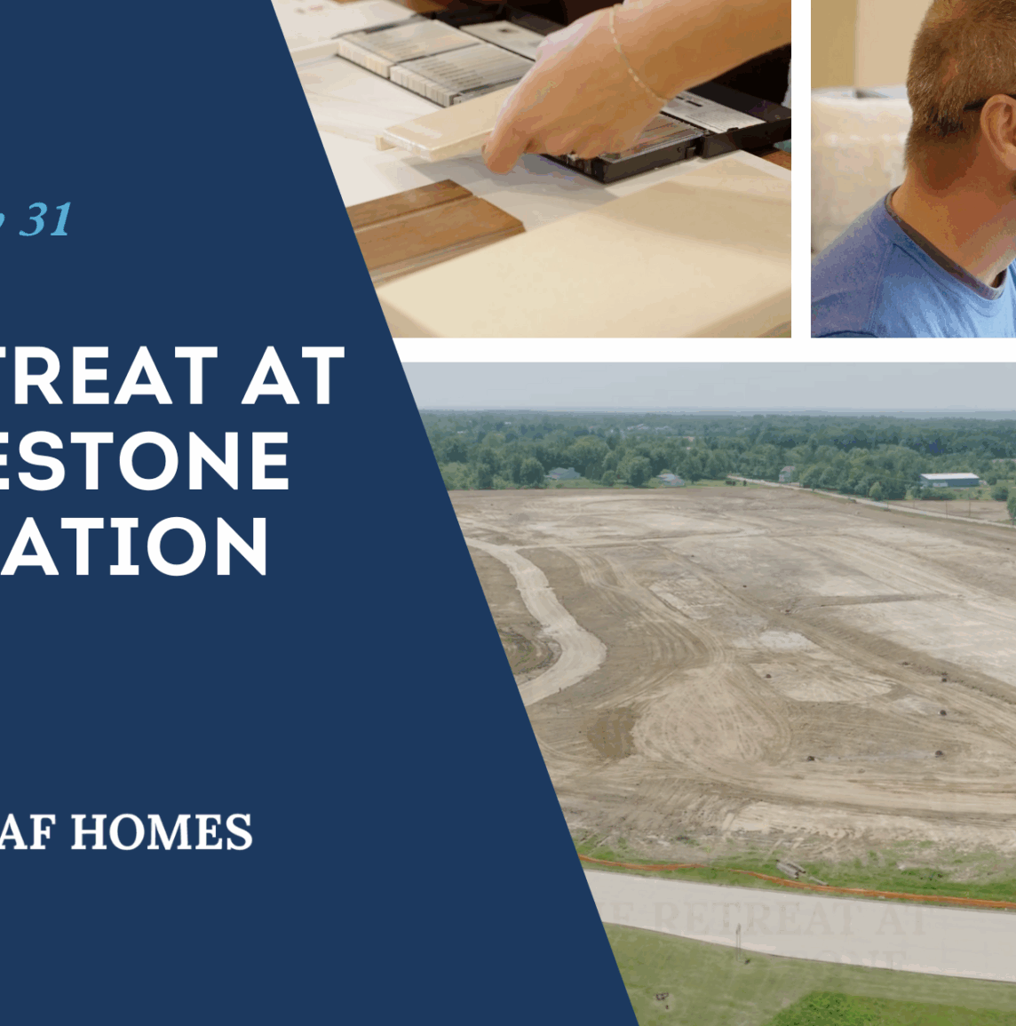 Drone view of The Retreat at Cobblestone development with homebuyers smiling and selecting finishes for their new homes.